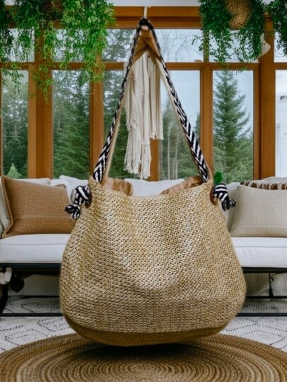 Boho Sand Beach Natural Woven Purse Tote with Black-White Rope Straps